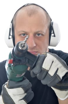Handyman with drill over white background