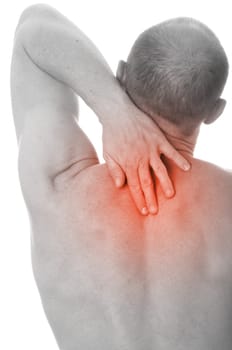 Man with neck pain over white background