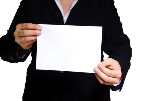 a business woman holding a tag with copyspace, isolated on white
