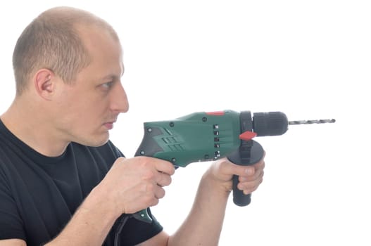 Handyman with drill over white background