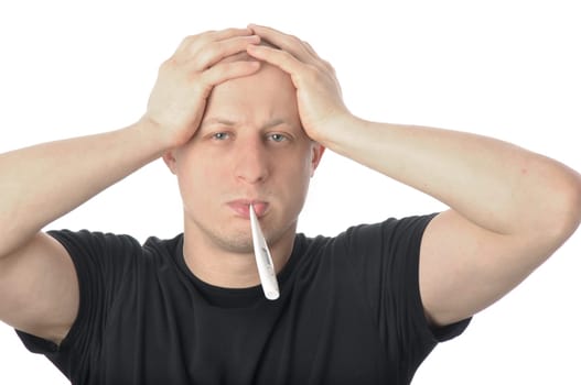 Man holding head in headache with thermometer in mouth. Isolated on white background