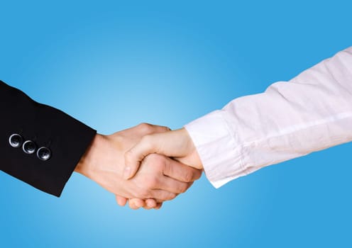 a handshake between two people in business cloth with blue background