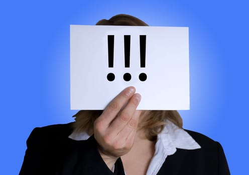 a business woman holding a banner with three exclamation marks on it, blue background