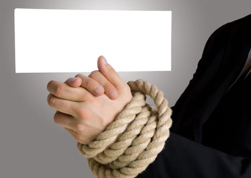 business hands in chains with white banner with copyspace on it