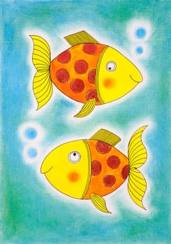 Two golden fish, child's drawing, watercolor painting on paper