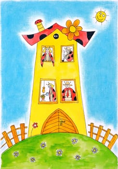 Ladybird beetle family, child's drawing, watercolor painting on paper