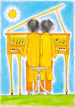 Piano players, Gemini, child's drawing, watercolor painting on paper