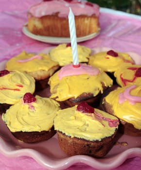 assorted cupcakes with a candle on one ready for a birthday party