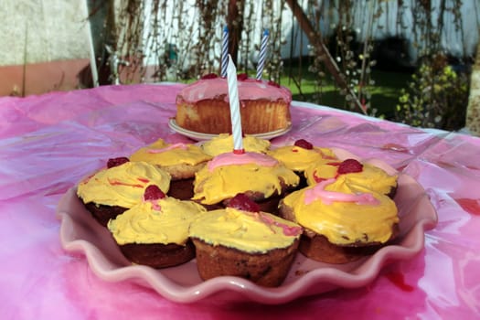 assorted cupcakes with a candle on one ready for a birthday party
