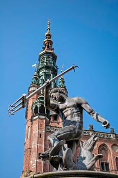 Neptune's fountain in the Old Town of Gdansk, Poland.