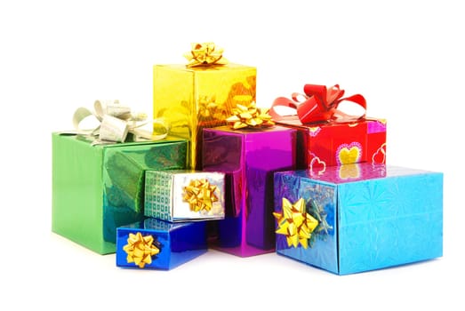 Christmas box gifts with satin bow isolated on white background