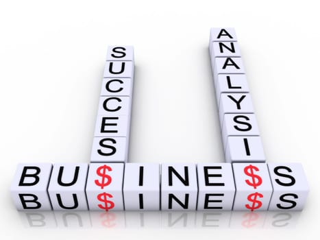 Cubes with letters arranged in words business, analisis and success, white background, 3d render
