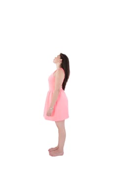 Portrait of a thinking woman full-length looking away on copyspace