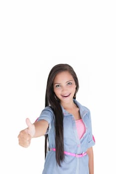 Portrait of a beautiful young woman showing ok, isolated on white background