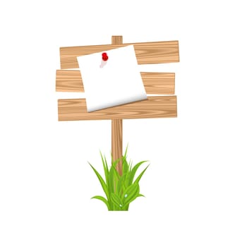 Illustration wooden signpost with announcement, grass - vector