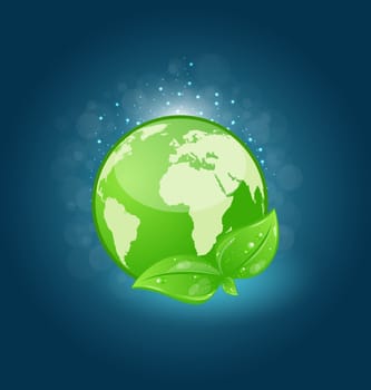 Illustration global planet and eco green leaves - vector