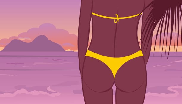 Illustration buttocks of young girl at sunset on beach - vector