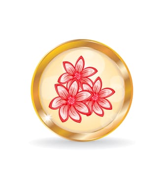 Illustration golden circle label (button) with flowers - vector