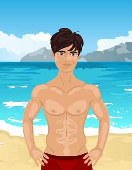 Illustration brawny man on beach - vector