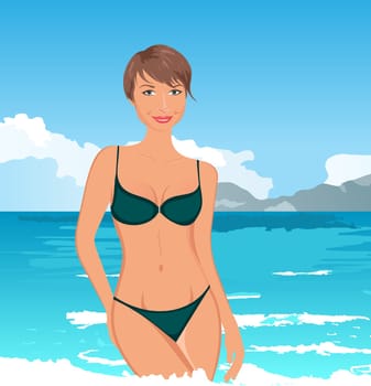 Illustration pretty girl on summer background - vector