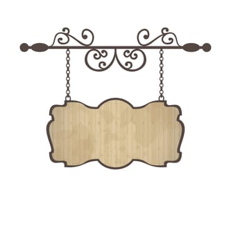 Illustration wooden sign with place for text, floral forging elements - vector