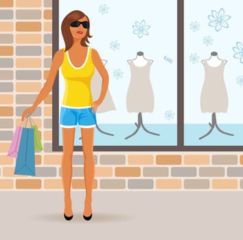 Illustration modern girl with shopping bags - vector
