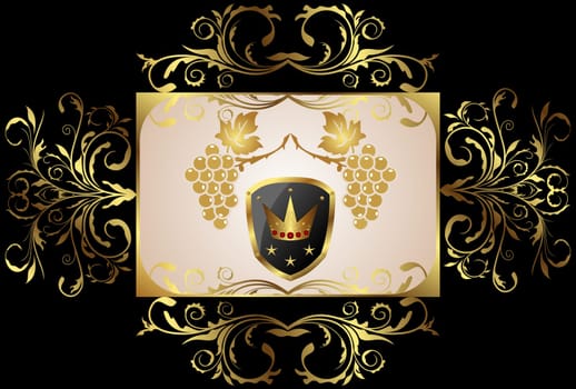Illustration golden floral frame with grapevine, shield, crown - vector