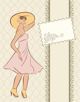 Illustration vintage girl with card, sketch style - vector
