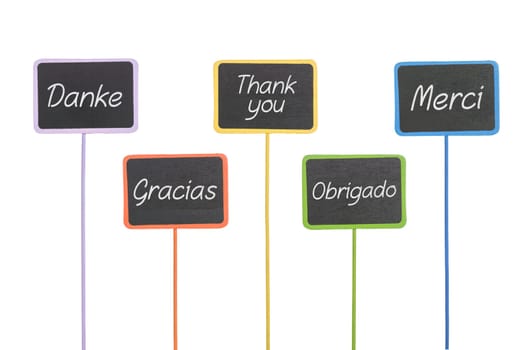 colorful tablets with the word Thank you in several languages