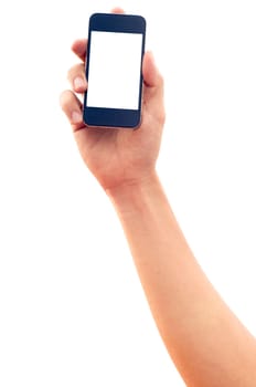 isolated hand holding smartphone or phone, two clipping path is in jpg, hand outline and the phone screen.