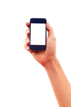 isolated hand holding smartphone or phone, two clipping path is in jpg, hand outline and the phone screen.