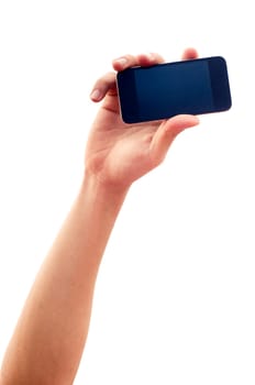 isolated hand holding smartphone or phone, two clipping path is in jpg, hand outline and the phone screen.