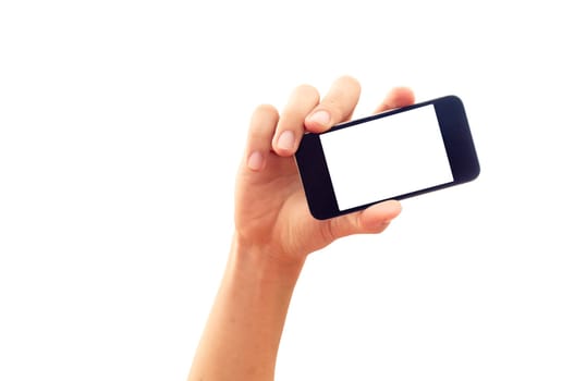 isolated hand holding smartphone or phone, two clipping path is in jpg, hand outline and the phone screen.
