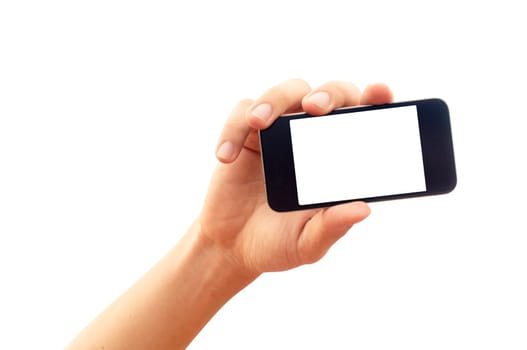 isolated hand holding smartphone or phone, two clipping path is in jpg, hand outline and the phone screen.