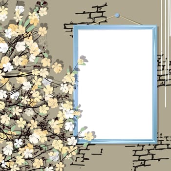 Empty frame and flowers on a brick wall