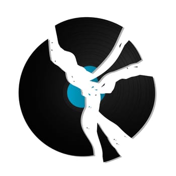 Broken vinyl record, isolated objects on white background