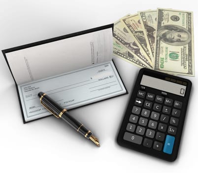 A photo of a check book, fountain pen, calculator & 100 dollar bills on white.