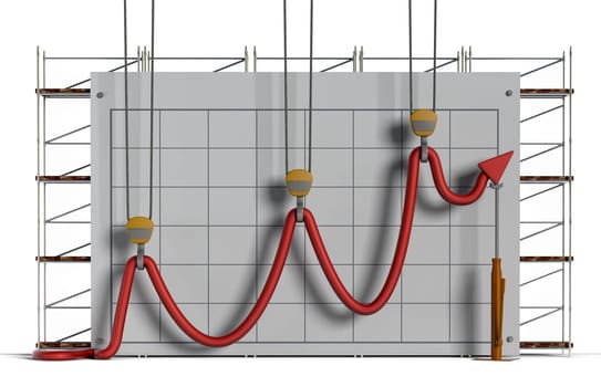 Business concept showing construction equipment attempting to hold a limp chart line into what appears to be an upward trend against a chart and scaffolding background.