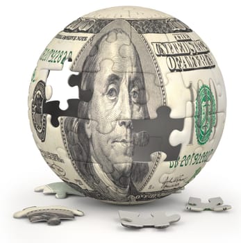 Photo of a jigsaw sphere image mapped with a 100 dollar bill on a white backdrop.