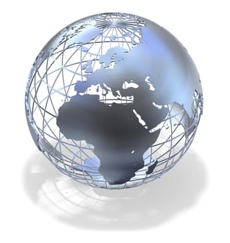 High quality 3D art showing a caged metallic structure of the earth casting a shadow over white.