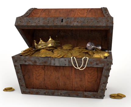A photo of a pirates chest full of loot on a white background.