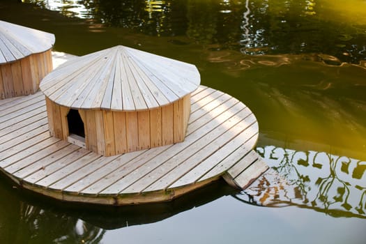 Wooden houseboats in the water
