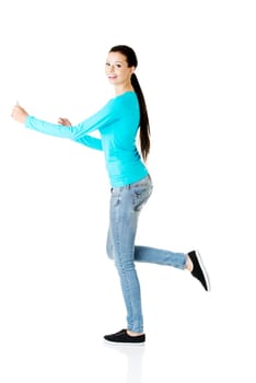 Happy student girl running, isoalated on white background