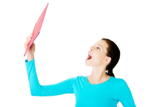 Happy student woman with notebook, isolated on white background