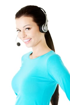 Beautiful young call-center assistant smiling , isolated on white