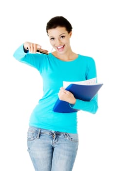 Happy student woman with notebook, isolated on white background