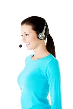 Beautiful young call-center assistant smiling , isolated on white
