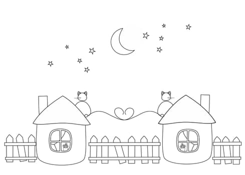 two cats looking moon at romantic night with hearth tail