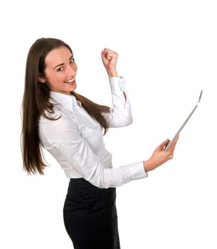 Businesswoman with tablet pc cheering