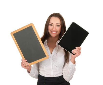 Businesswoman with tablet pc and blackboard